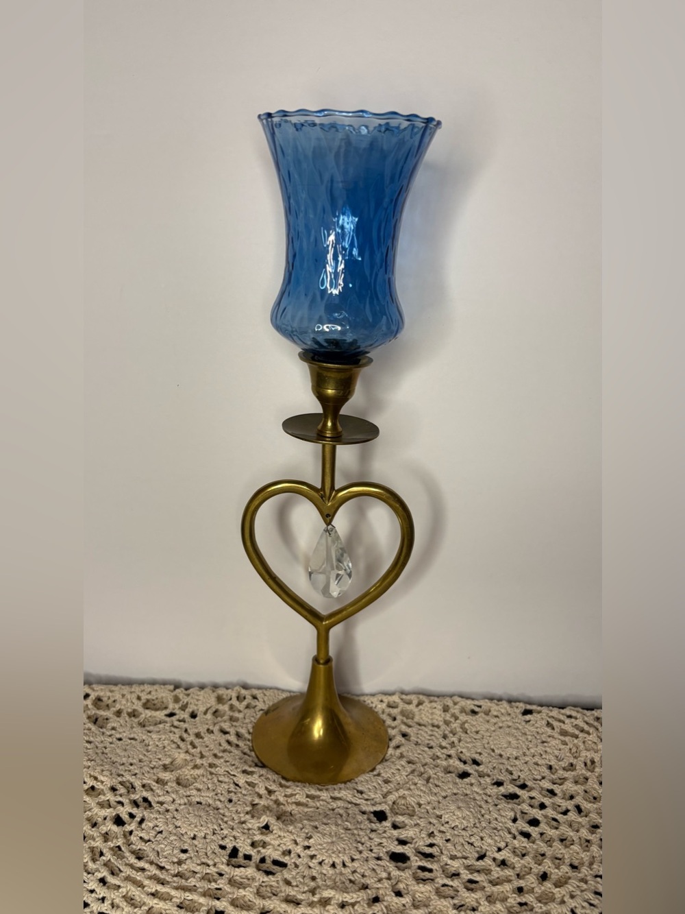 Brass Heart Candle Holder Blue Glass Votive Romantic Vintage Cottage Core